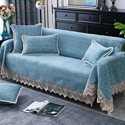 欧式沙发垫现代简约时尚四季通用沙发巾蕾丝花边套罩贵妃盖巾家用 竖格蓝色 45*45cm(抱枕套+枕芯)