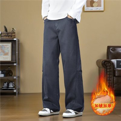 秋冬新款男士休闲裤加绒直筒宽松男裤时尚百搭男生显瘦微阔腿长裤