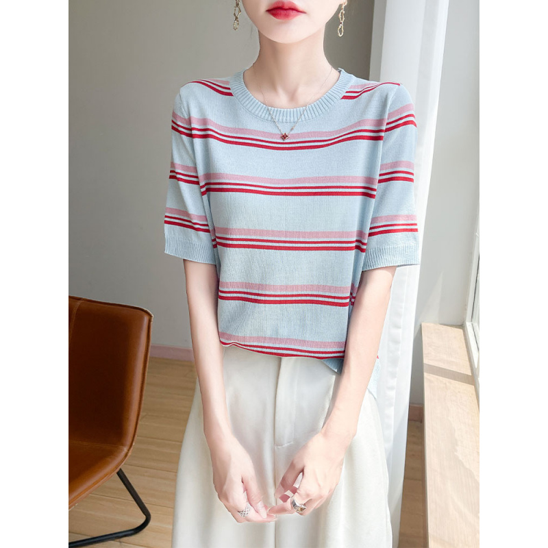 25年夏季新款冰丝圆领针织衫短袖T恤女撞色条纹设计感打底衫上衣