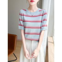 25年夏季新款冰丝圆领针织衫短袖T恤女撞色条纹设计感打底衫上衣