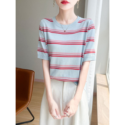 25年夏季新款冰丝圆领针织衫短袖T恤女撞色条纹设计感打底衫上衣