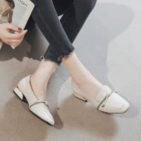 真皮中跟单鞋女新款春秋一脚蹬乐福鞋大码女鞋41-43休闲皮鞋