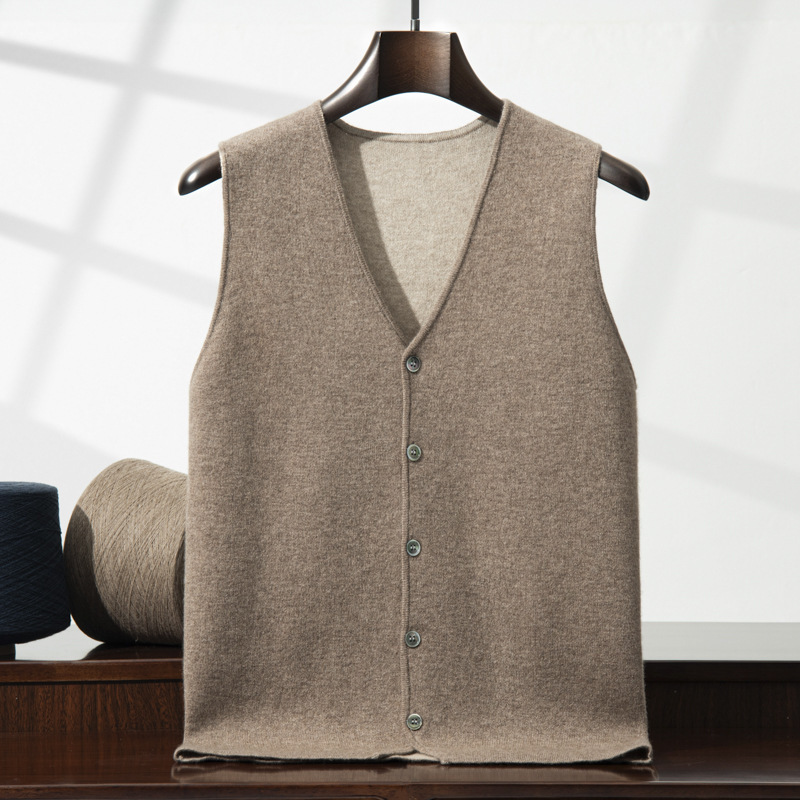 山羊绒v领马甲男商务休闲纯色加厚保暖坎肩外搭叠穿针织背心开衫
