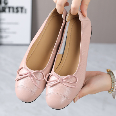 时尚舒适百搭超软蛋卷鞋妈妈鞋平底圆头蝴蝶结拼色真皮四季单