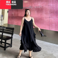 YIBUSHENG胖妹妹薄款宽松显瘦长款2-300斤大码拼接无袖V领遮肉吊带连衣裙女