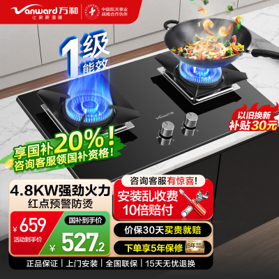 万和(Vanward)燃气灶 液化气煤气灶双眼灶嵌入式灶具4.8kW大火力全进风钢化玻璃一级能效JZY-C5L90S