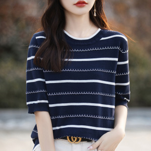 黑白条纹短袖T恤女薄款圆领撞色半袖毛衣女棉线针织大码上衣遮肚