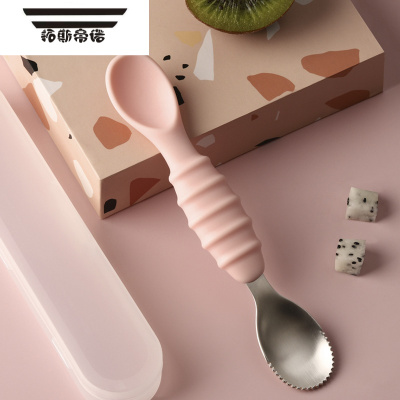 拓斯帝诺刮泥勺婴儿双头刮苹果泥喂水果勺子不锈钢宝宝辅食工具挖果泥粉红色（送收纳盒）