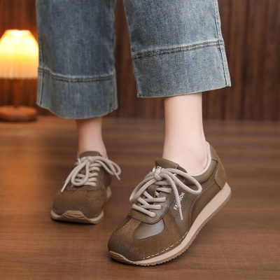 头层牛皮单鞋女2026春季新款松糕厚底圆头复古运动休闲鞋妈妈鞋