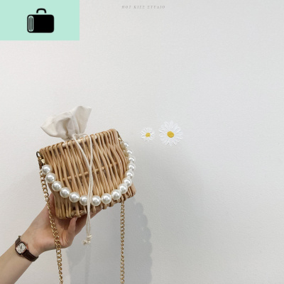 夏季森系水桶小包女2020新款时尚单肩包度假编织珍珠链条手提包NEW LAKE 卡其色女士单肩包