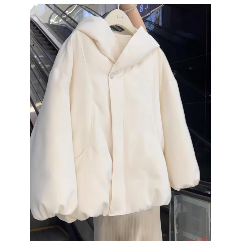 年新款韩版复古纯色高级感连帽棉服外套女冬季宽松防寒棉衣