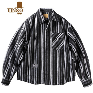 YANXU条纹衬衫男加棉加厚外套复古潮流棉衣宽松休闲冬季薄款夹棉棉袄男