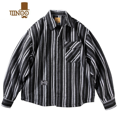 YANXU条纹衬衫男加棉加厚外套复古潮流棉衣宽松休闲冬季薄款夹棉棉袄男