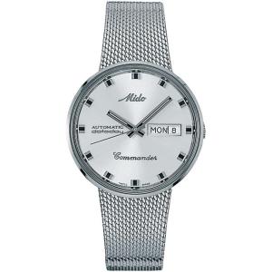 Mido瑞士男表Commander1959经典现代银色圆盘双历编织钢带自动机芯