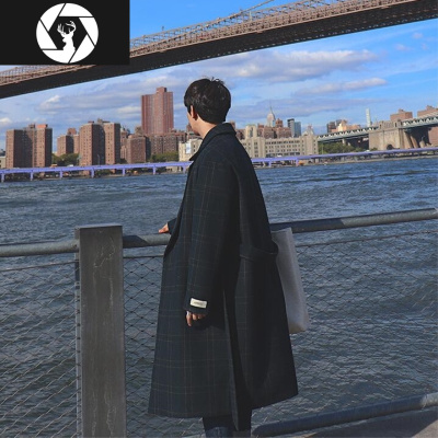 HongZun韩版chic毛呢大衣男宽松潮流中长款过膝呢子风衣秋冬加厚格子外套风衣