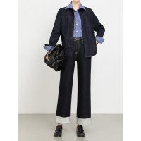 年冬季新款植绒加厚牛仔阔腿九分裤女高腰宽松直筒裤