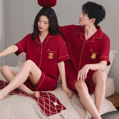 大红色睡衣情侣套装春夏季纯棉新婚高级感男女特大码可外穿家居服