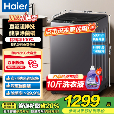 海尔(Haier) 12公斤 变频 全自动 波轮洗衣机 超净洗 除菌除螨 政府补贴 自编程 XQB120-BZ20L0