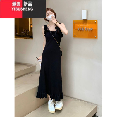 YIBUSHENG木耳边吊带连衣裙季2024新款甜美中长款收腰显瘦减龄外穿赫本裙