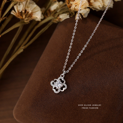 超闪锆石四叶草项链女s999纯银轻奢百搭高级感足银锁骨链上班通勤送女朋友老婆情人节七夕生日礼物
