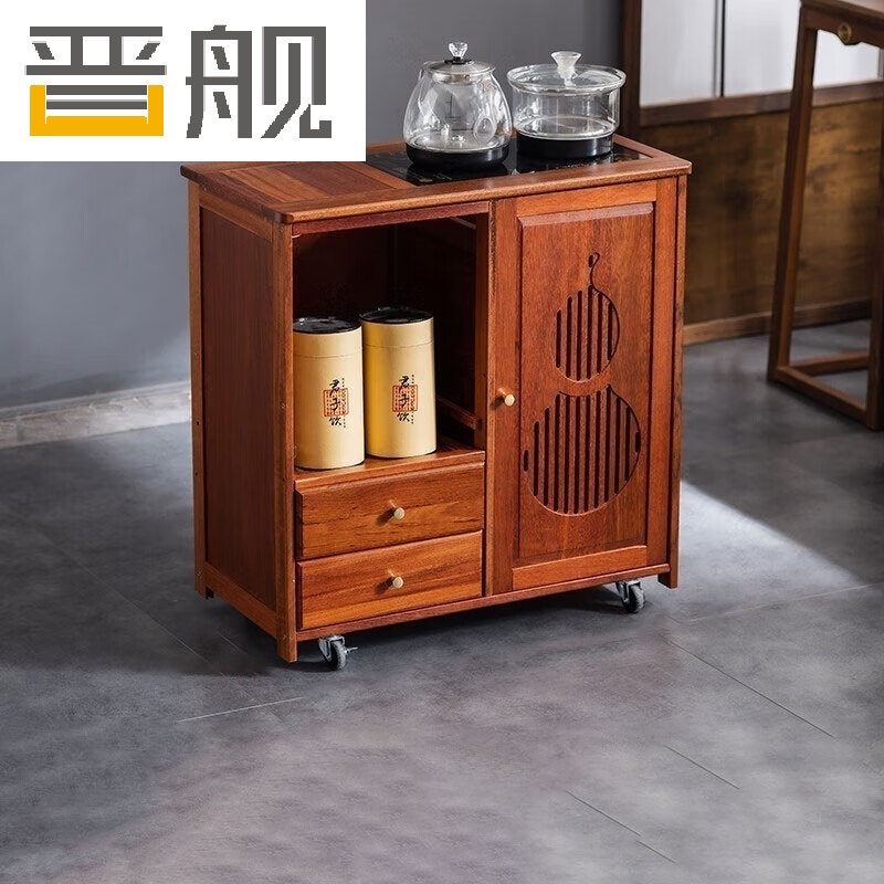 晋舰实木移动茶水柜茶桌边柜泡茶台烧水壶一体边柜单门双抽玻璃电器