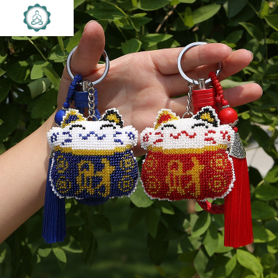 十字绣2019新款情侣刺绣招珠绣财福猫小件简单自己绣挂件挂饰手工封后红猫珠绣-送编织绳