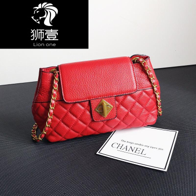 狮壹（Lionone）韩版新款头层牛皮菱格纹链条包锁扣单肩斜挎优质真皮女包潮搭个性