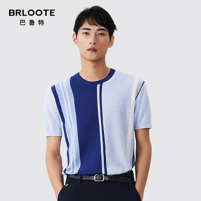 BRLOOTE/巴鲁特男士短袖T恤撞色拼接休闲圆领棉麻短袖T恤衫夏季