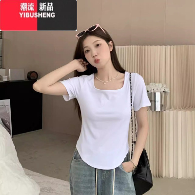 YIBUSHENG大码微胖方领正肩短袖t恤2024新款季胖mm显瘦遮肚不规则上衣女