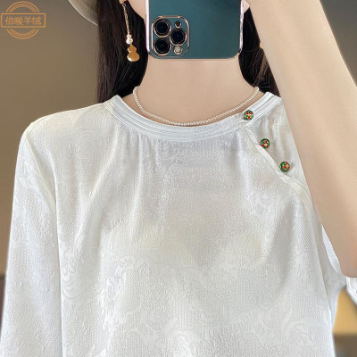 新中式旗袍盘扣短袖衬衫女24新款圆领显瘦提花仿真丝缎面上衣