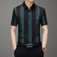 夏季男士短袖显瘦条纹衬衫新款中年免烫氨纶冰丝透气上衣