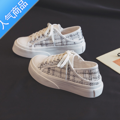 SUNTEK小香风两穿大头厚底帆布鞋女春季半拖小白鞋2023新款一脚蹬懒人鞋