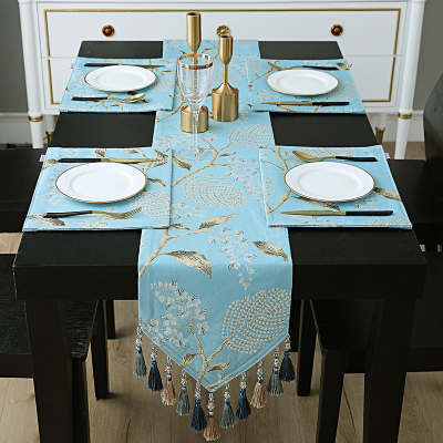 家柏饰(CORATED)欧式桌旗餐垫套装餐桌垫隔热垫西餐盘垫布餐边柜装饰布新中式 蓝岛 套餐 一桌旗四餐垫