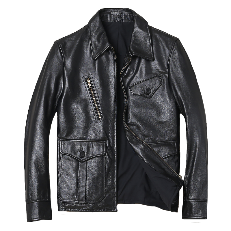 男士欧美简约真皮皮衣头层牛皮休闲翻领猎装秋季外套机车皮夹克户外