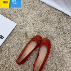 聚范蝴蝶结浅口平底小红色单鞋女鞋子2023年新款婚鞋芭蕾舞鞋