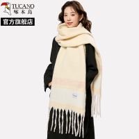 啄木鸟2025新款奶黄色围巾女冬季氛围感韩版条纹保暖加厚围脖披肩