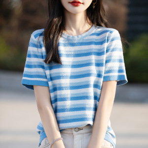 夏季新款棉短袖女薄款透气日系甜美条纹半袖百搭显瘦针织衫T恤