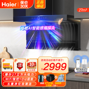 海尔(Haier)吸油烟机顶侧三吸27m³暴风擎吸挥手智控手机APP双智控高频自清洗1000Pa变频强压智能巡航3.0