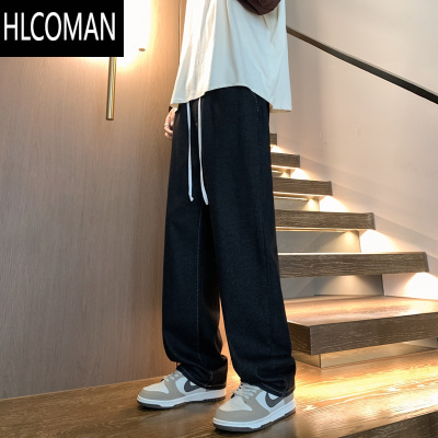 HLCOMAN复古水洗短裤松紧腰牛仔裤男款vibe潮牌直筒宽松阔腿休闲长裤