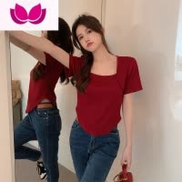 七斓大码胖mm纯欲心机不规则设计修身显瘦方领正肩短袖T恤上衣女