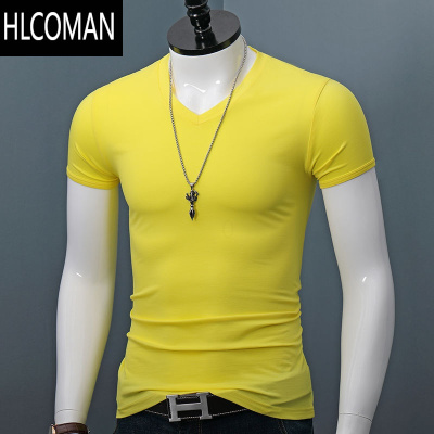 HLCOMANV领短袖T恤男士夏季大码修身纯色百搭简约上衣青年半袖打底潮