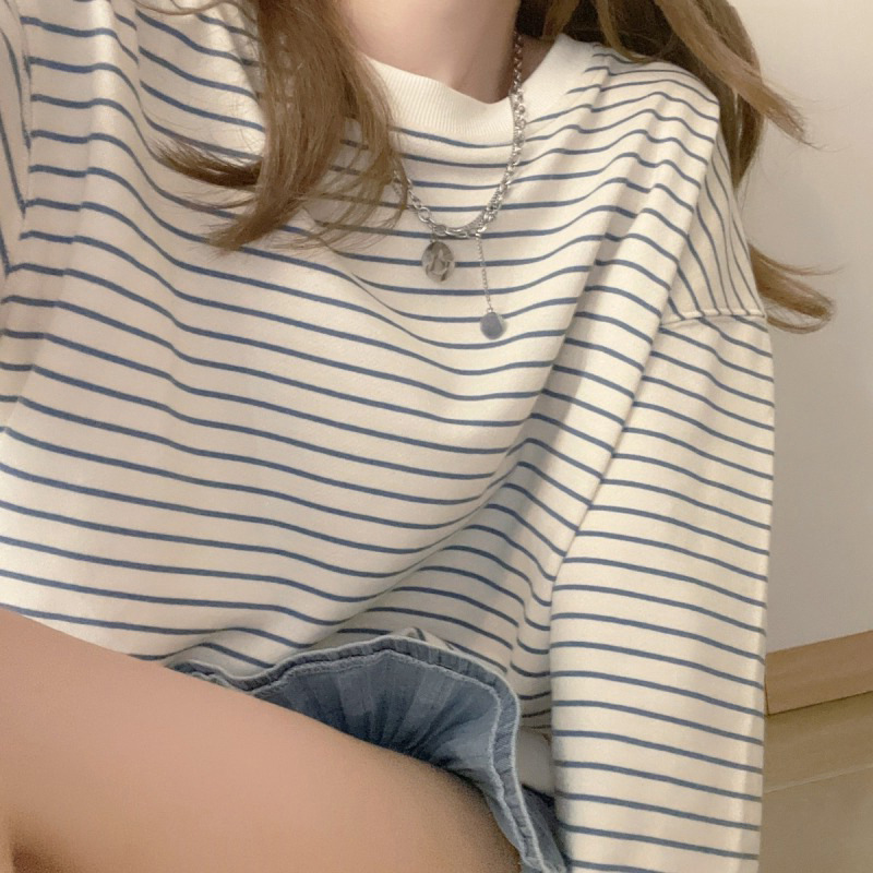 卫衣女早秋年新款韩版宽松设计感条纹上衣圆领套头长袖T恤潮