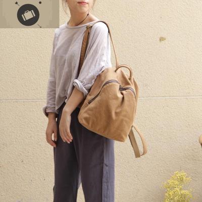 庸庸文艺帆布双肩包女2020新款百搭简约百搭手提小清新纯色学院风艾狄伊娃卡其色帆布