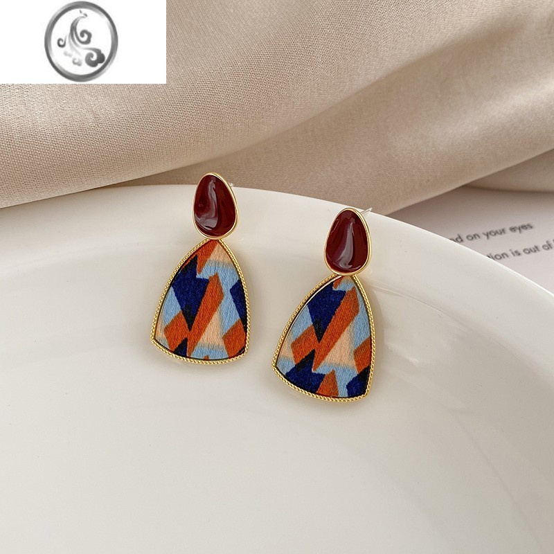 JiMi复古彩色拼接几何耳夹女无耳洞2022年新款潮毛绒豹纹小众几何耳饰