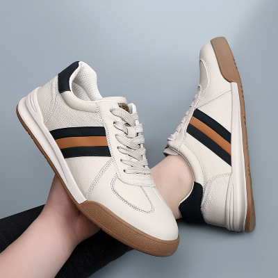 头层牛皮小白鞋男新款春季透气百搭平底板鞋男真皮软底复古休闲鞋