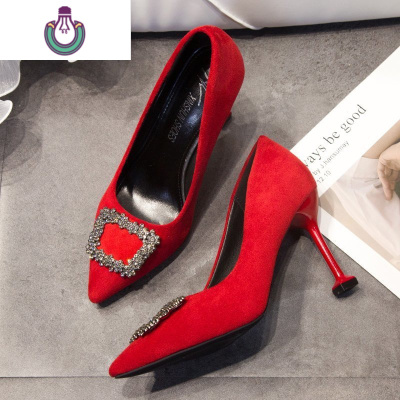 FISHBASKET红色婚鞋女细中跟尖头高跟鞋水钻扣绒面绿色新娘鞋配秀禾服的单鞋休闲鞋