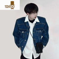 YANXU深蓝色垫肩短款牛仔外套男美式复古牛仔衣褂子cleanfit情侣装夹克