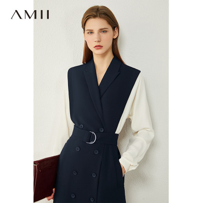 Amii职业气质西装领连衣裙2020年秋装新款法式收腰显瘦裙子女