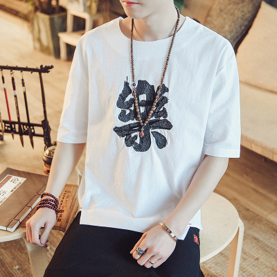 爆款男式T恤日系男装原创中国风亚麻刺绣宽松棉麻短袖T恤男CYLLOW