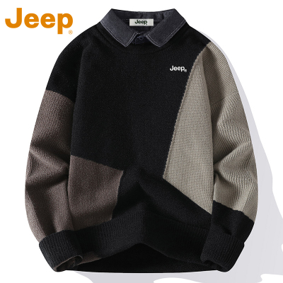 JEEP吉普日系假两件毛衣男款冬季衬衫领打底针织衫宽松内搭毛线衣